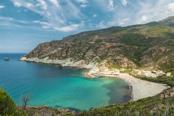 Turquoise Mediterranean and beach at Marine de Giottani in Corsica
