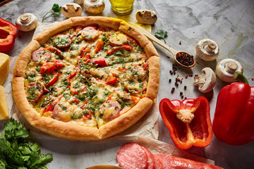 Tasty Italian pizza and its ingredients on white textured background.