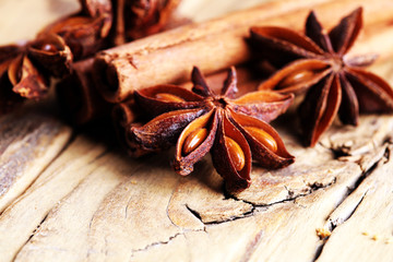 cinnamon and star anise. Christmas holiday on ooden boards background .