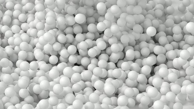 Animated close up of falling great amount of plain white golf balls on white base or background bouncing of it and spreading then tumbling  or rolling toward the center.