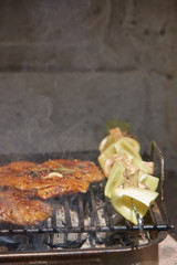 Slices of raw and grilled pork meat
