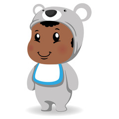 Illustration of an african descent baby, with koala fantasy holding a ball. Ideal for educational and informational materials