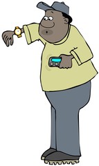 Illustration of a black workman holding a buzzing pager and looking at his watch.