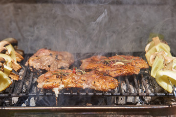 Slices of raw and grilled pork meat