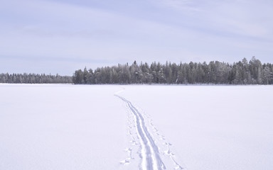 Fototapeta na wymiar Cross country skiing track through wilderness in deep soft snow.