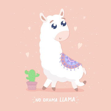 No drama llama card. Cute cartoon llama vector illustration. Flat design. © Svetlana