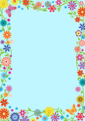 Rectangular framework with fancy flowers and butterflies. Template for preschool, school diploma, certificate. A4, A3  page proportions. Clipping mask is applied.