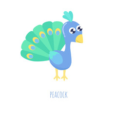 Cute cartoon peacock vector illustration. Flat design.
