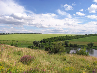 csenic view of counrtyside, valley and a field