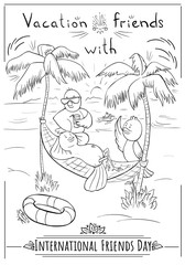 Greeting card international friends day birds on tropical vacation