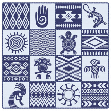 Illustration of Native Americans ethnic patterns and symbols: hand, sun, lizard, frog, bird, turtle, kokopelli. Blue shades.