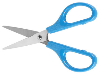 Scissors with blue handles isolated on white background without shadows