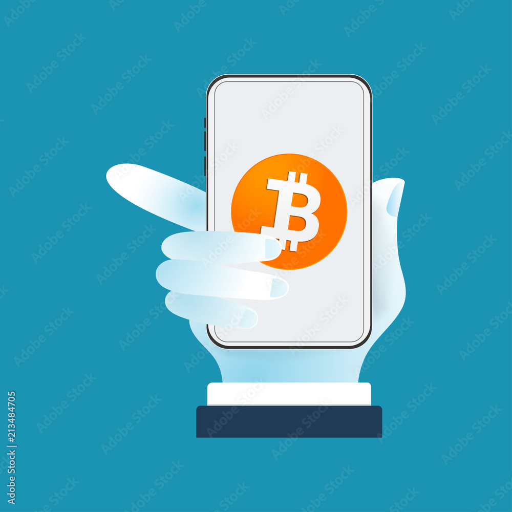 Poster bitcoin cryptocurrency wallet with blockchain. cashless society.
