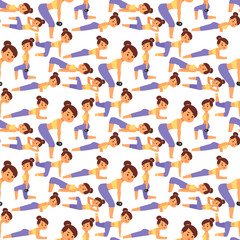 Woman home workout vector exercising at home fitness character training coaching healthy living and diet concept seamless pattern background illustration.