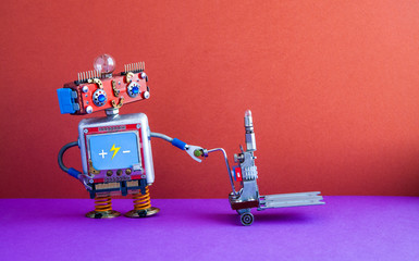 Robot loader with powered pallet jack. Creative design forklift cart mechanism. Robotic automation logistic delivery service concept. violet floor, red wall background. Copy space.