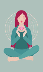 Illustration of a woman with closed eyes meditating in yoga lotus pose with a flower on colored background