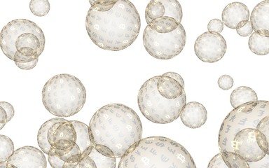 Bitcoin economic financial bubble. Cryptocurrency 3D illustration. Business concept. Golden bubbles on a white background