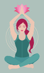Illustration of a woman with closed eyes meditating in yoga lotus pose with a flower above on colored background