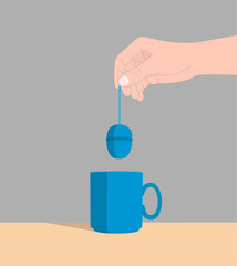 A woman is making tea in blue cup