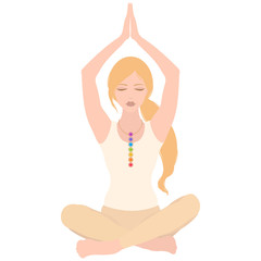 Illustration of a woman sitting in yoga lotus pose with colorful chakras on her neck