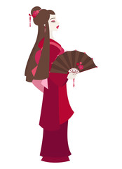 Colorful illustration of a young Japanese woman dressed as a Geisha and holding a decorated fan on white background