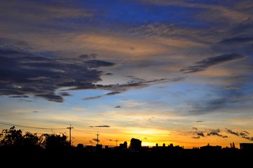 Colorful sky and clouds at sunset with  silhouette of country view in Taiwan