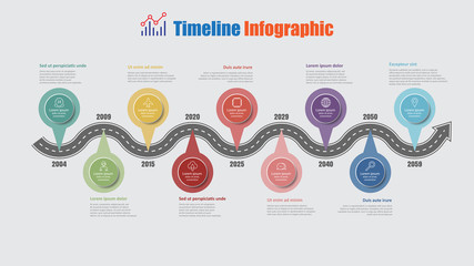 Road map business timeline infographic with 9 step pins designed for abstract background elements diagram planning process web pages digital technology data presentation chart. Vector illustration