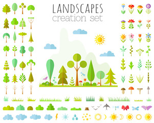landscapes creator set. Vector elements for the forest designer. Illustration in a flat style. Collection of trees, flowers, bushes, grass.