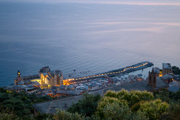 Obraz premium Aerial view of Camogli, Genoa province at dusk, Italy.