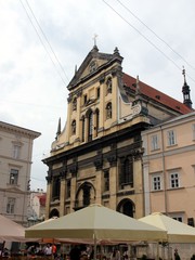 Fototapeta na wymiar Facade of the Jesuit Church in the old town in Lviv, Ukraine