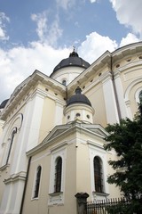 Facade of the Church of Transfiguration in the old town in Lviv, Ukraine (originally built as the Roman Catholic church of the Holy Trinity)