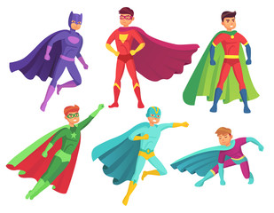 Superhero man characters. Cartoon muscular hero character in colorful super costume with waving cloak. Flying superheroes vector set © Tartila