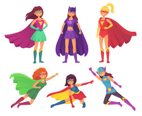 Superheroes women characters. Wonder female hero character in superhero costume with waving cloak. Super girls cartoon vector set © Tartila