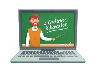 Online teacher education. Professor teach at school blackboard on laptop screen. Remote learning training vector illustration