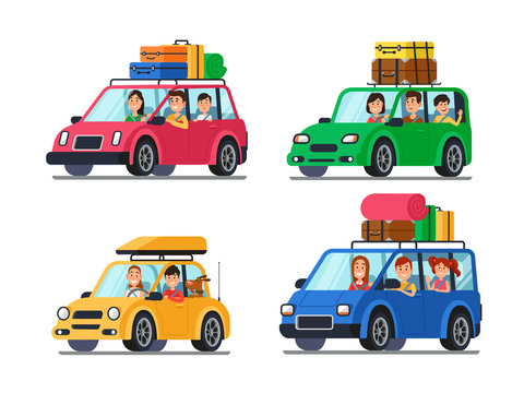 Family traveling cars. Happy people travel in car. Vacation trip with mother and father in minivan cartoon vector illustration
