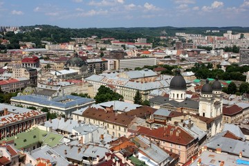 Fototapeta na wymiar Church of Transfiguration and the old town in Lviv from a bird's eye view, Ukraine
