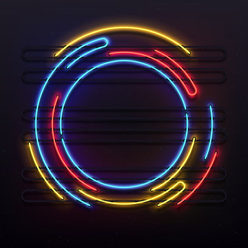 Circle neon lights frame. Colorful round tube lamp light on frame. Electric glowing disk vector background illustration