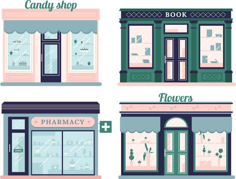 Modern stores set. Candy shop facade and urban book store. Local retail pharmacy and flowers boutique. Outdoor storefront vector set