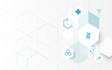 Obraz premium Medicine and science icons. Abstract digital hi tech hexagons on blue background