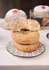 classic rustic breakfast on marble stone