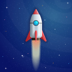 Cartoon rocket launch on space background in 3d style