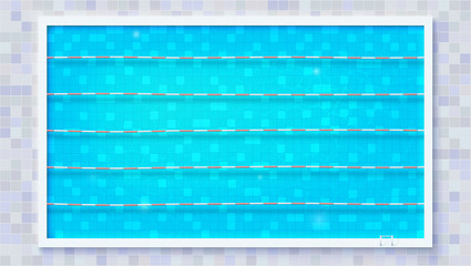 Paths for dip in the pool, top view. Blue ripped water in Olympic sport pool. The texture of the water and ceramic lining of the pool, flat lay. Vector template for events, cover