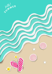Fototapeta premium summer background, with ocean or sea wave and summer slipper shoe paper art style vector