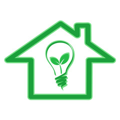 Green eco energy efficiency concept with house icon and light bulb with plant leaves, stock vector illustration