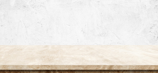 Empty brown cement table over white wall background, banner, table top, shelf, counter design for product display montage