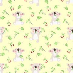 Obraz premium Cute koala and leaves on yellow pastel color background.
