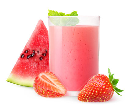 Isolated Drink. Glass Of Watermelon And Strawberry Smoothie With Mint Isolated On White Background With Clipping Path