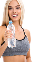 Young woman in sportswear with water, isolated
