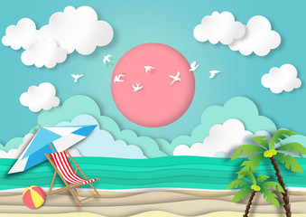 Summer background with  canvas seat and umbella on the beach ,paper art style vector and illustration