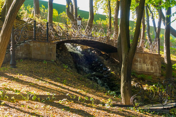 A small decorative waterfall with several forged bridges along the course of its current